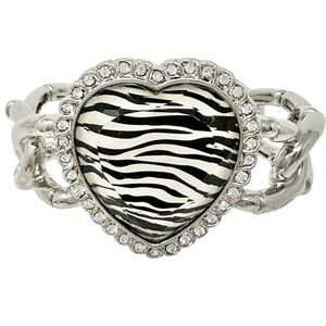 Zebra Print Heart Rhinestone Silver Tone Statement Stretch Bracelet